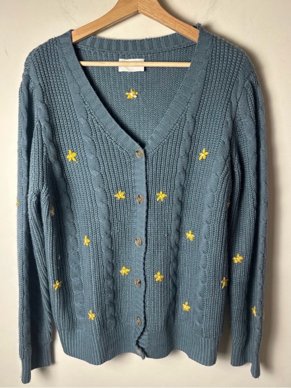 HEYSON Women’s Floral Embroidered Teal Cable Cardigan Sweater - Size Large